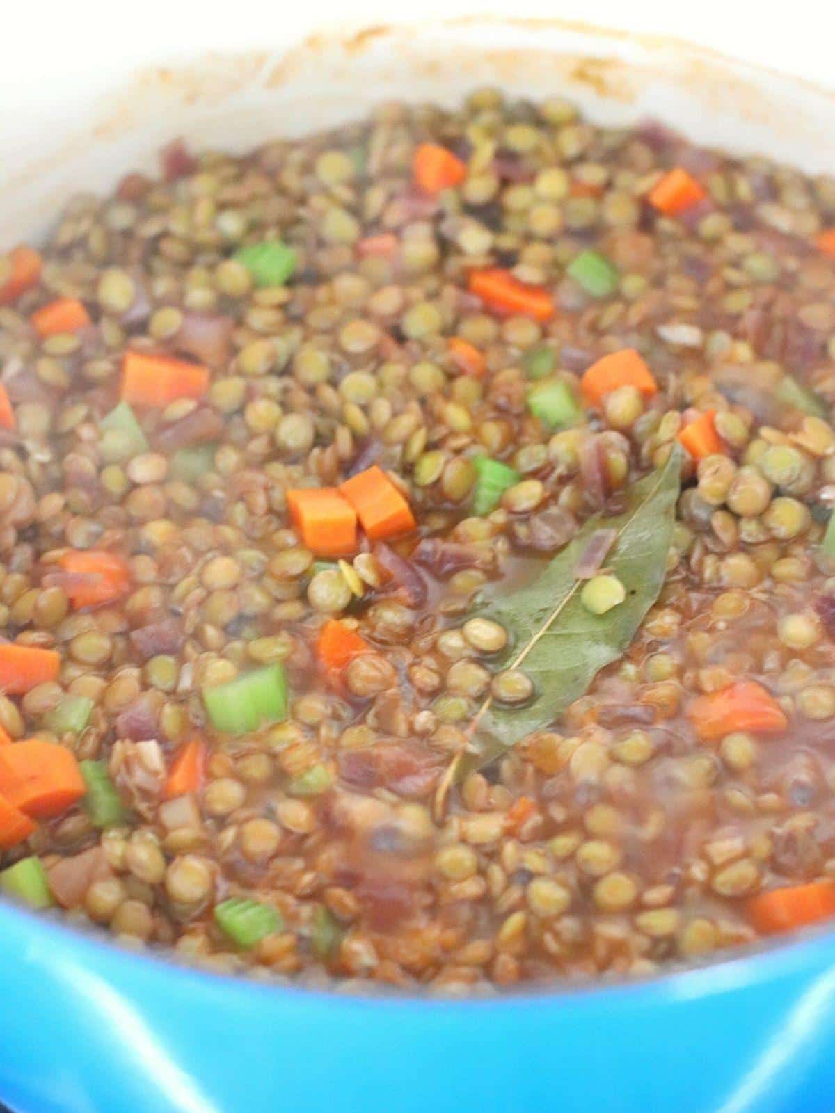 Turquoise pot of lentil soup cooking.