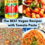 Collage of 4 images (tomato paste can, chickpea stew, spaghetti, and lentil soup) with text overlay: The BEST Vegan Recipes with Tomato Paste.