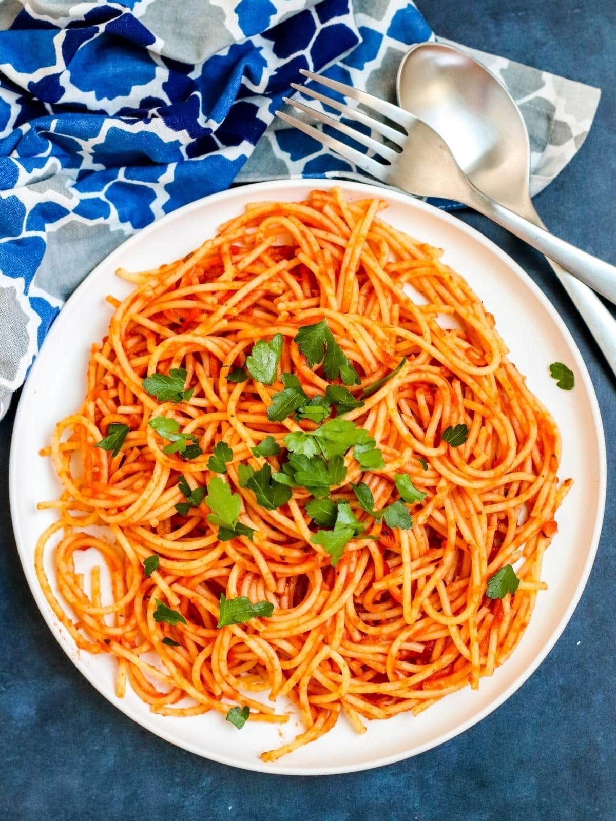 Plate of spaghetti with tomato paste pasta sauce.