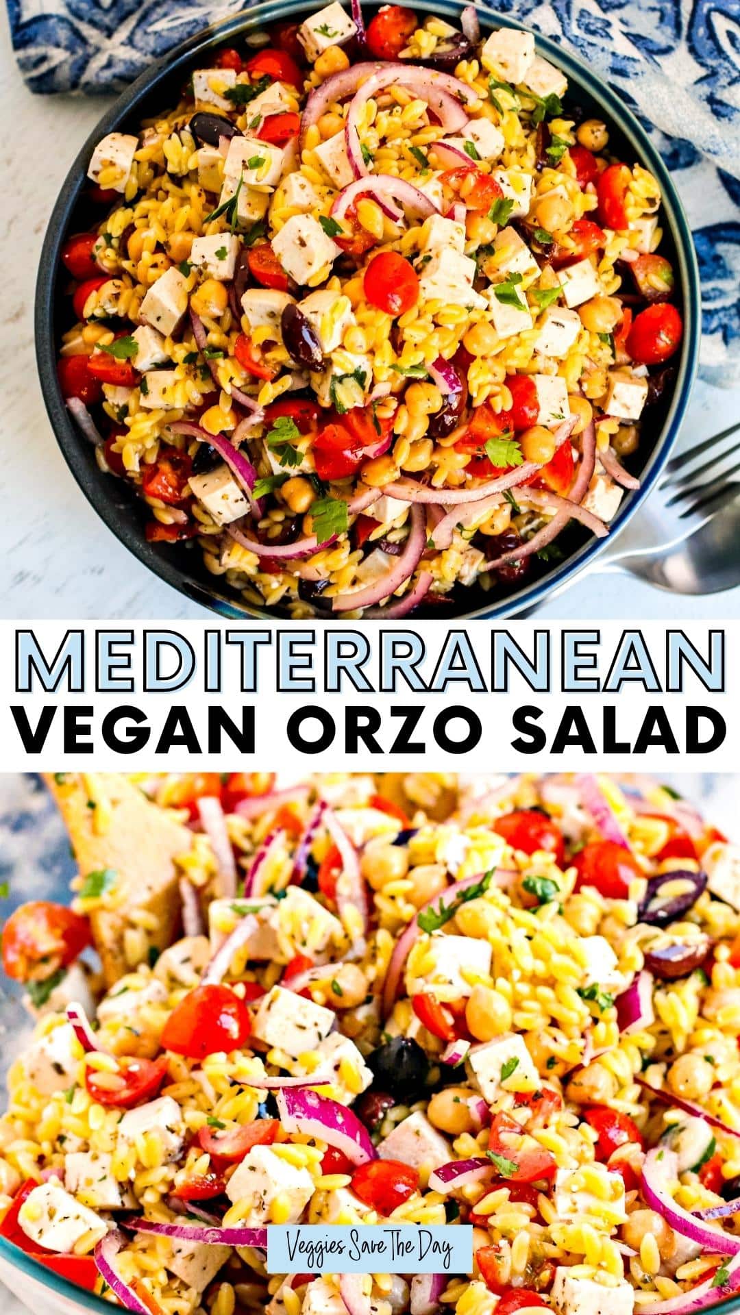 Bowl of Mediterranean Vegan Orzo Salad in top image and close up of salad in bottom image.