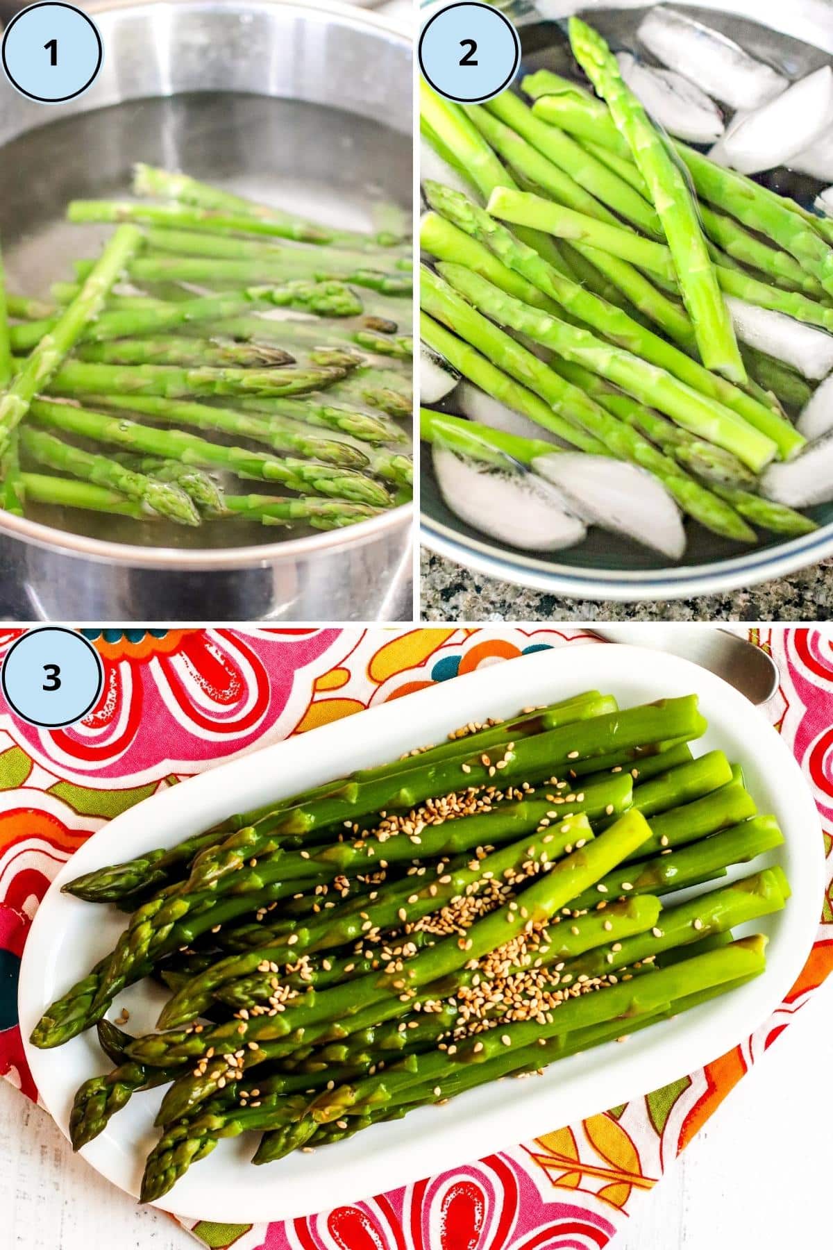 Collage of 3 images showing how to make marinated asparagus.