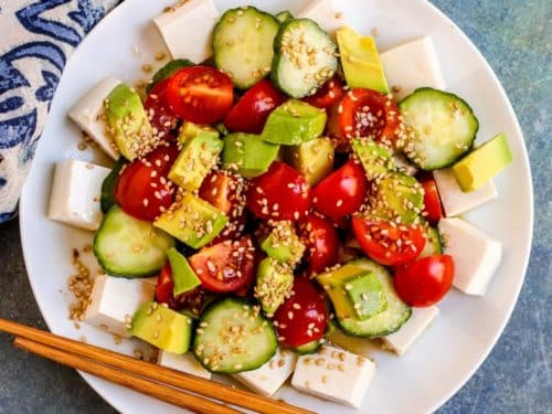 Easy silken tofu salad with fresh vegetables and dressing Chinese inspired