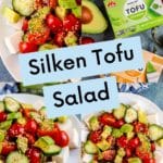 Collage of 4 images of Silken Tofu Salad and the ingredients needed to make it,.