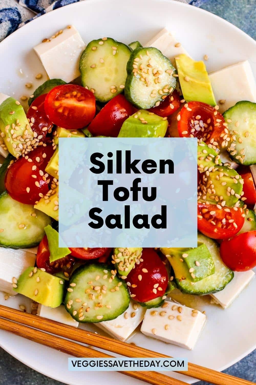 Plate of Silken Tofu Salad with wooden chopsticks.
