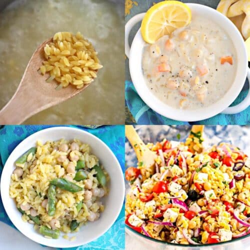 Cooking orzo, vegan orzo soup, orzo with asparagus and chickpeas, and Mediterranean orzo salad.