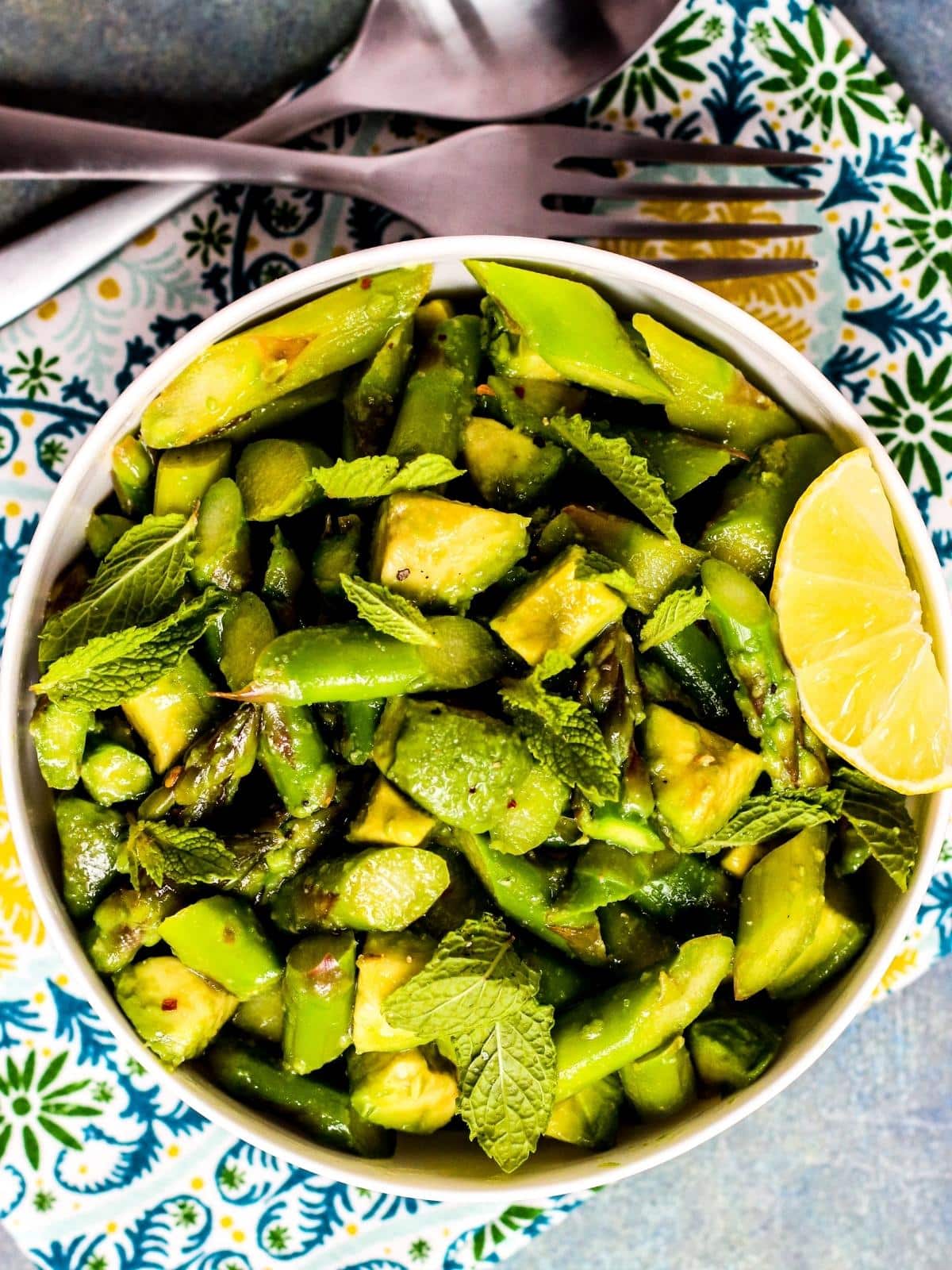 Overhead view of serving bowl of salad.