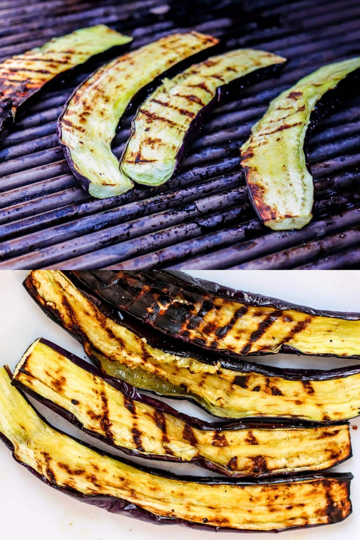 Sliced eggplant on a barbecue grill and cooked slices on a plate.