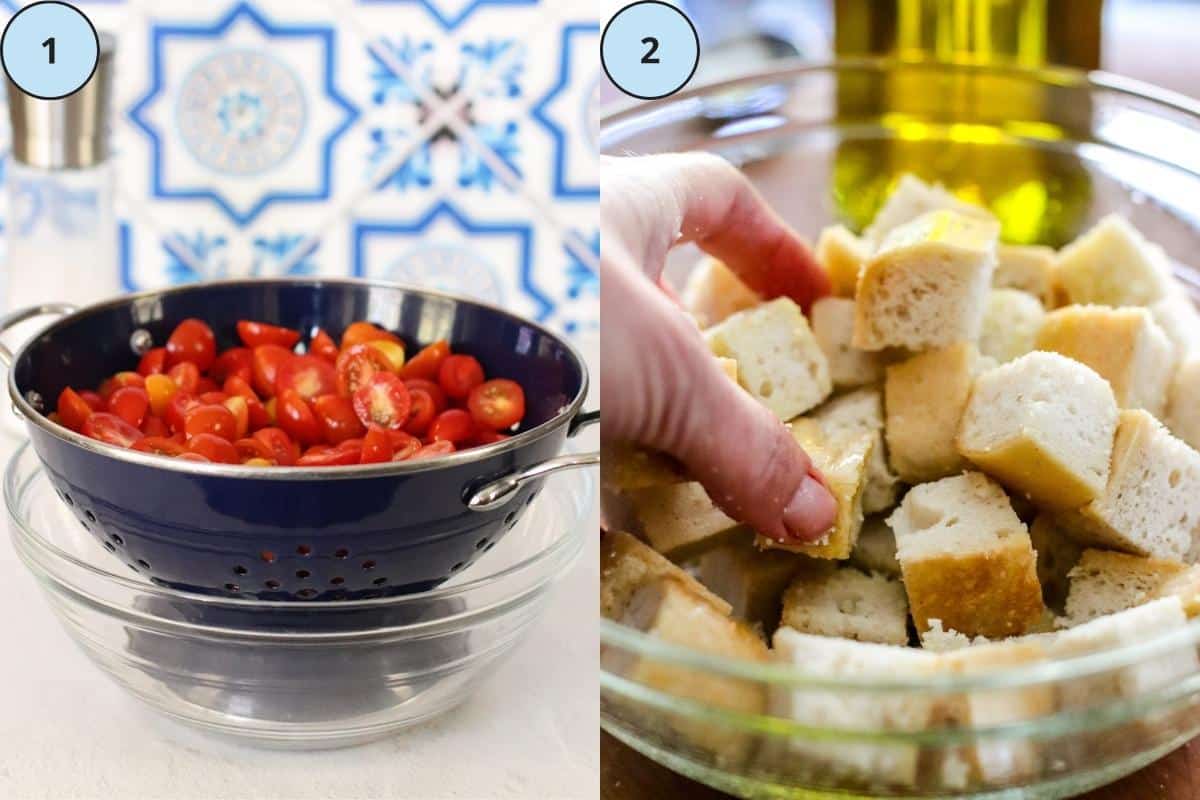 Steps one and two for making this recipe: Draining the tomatoes in a colander and tossing the cubed bread in a bowl with olive oil.