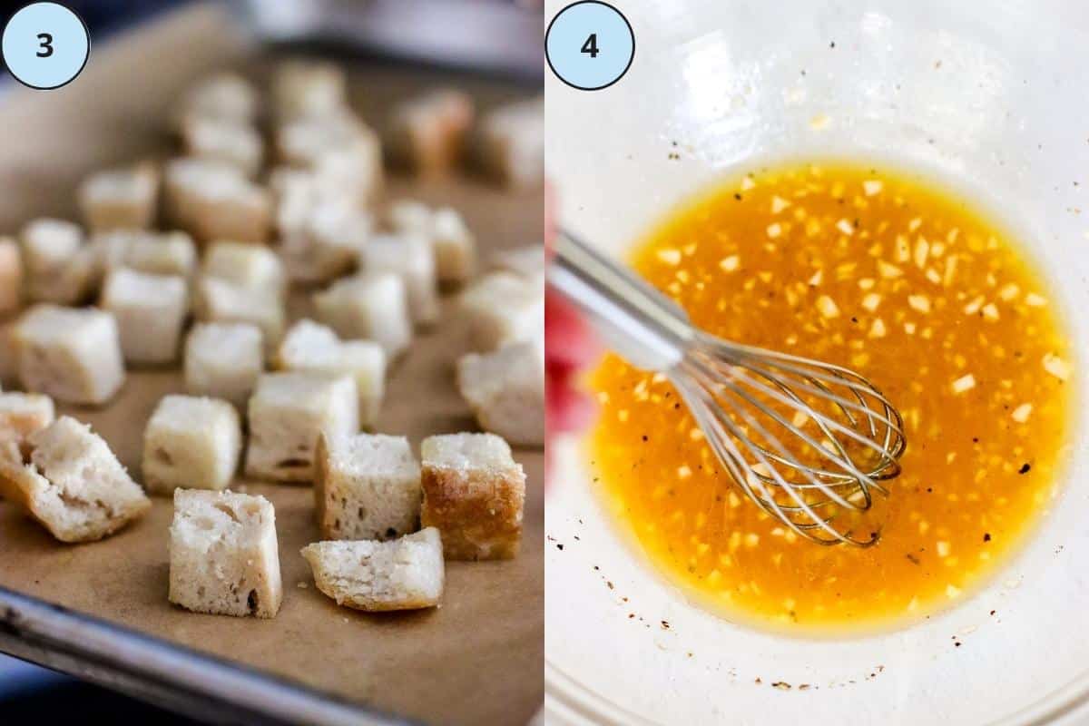 Steps 3 and 4 for making this recipe: Cubes of tofu toasted in the oven and whisking the dressing in a glass bowl.