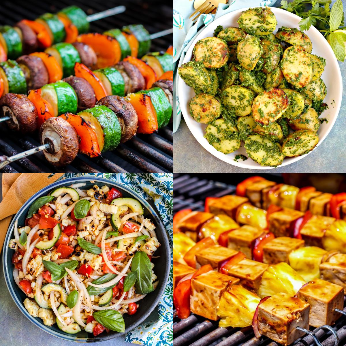 Grilled veggie kabobs, herb potato salad, corn and tomato salad, and teriyaki tofu skewers.