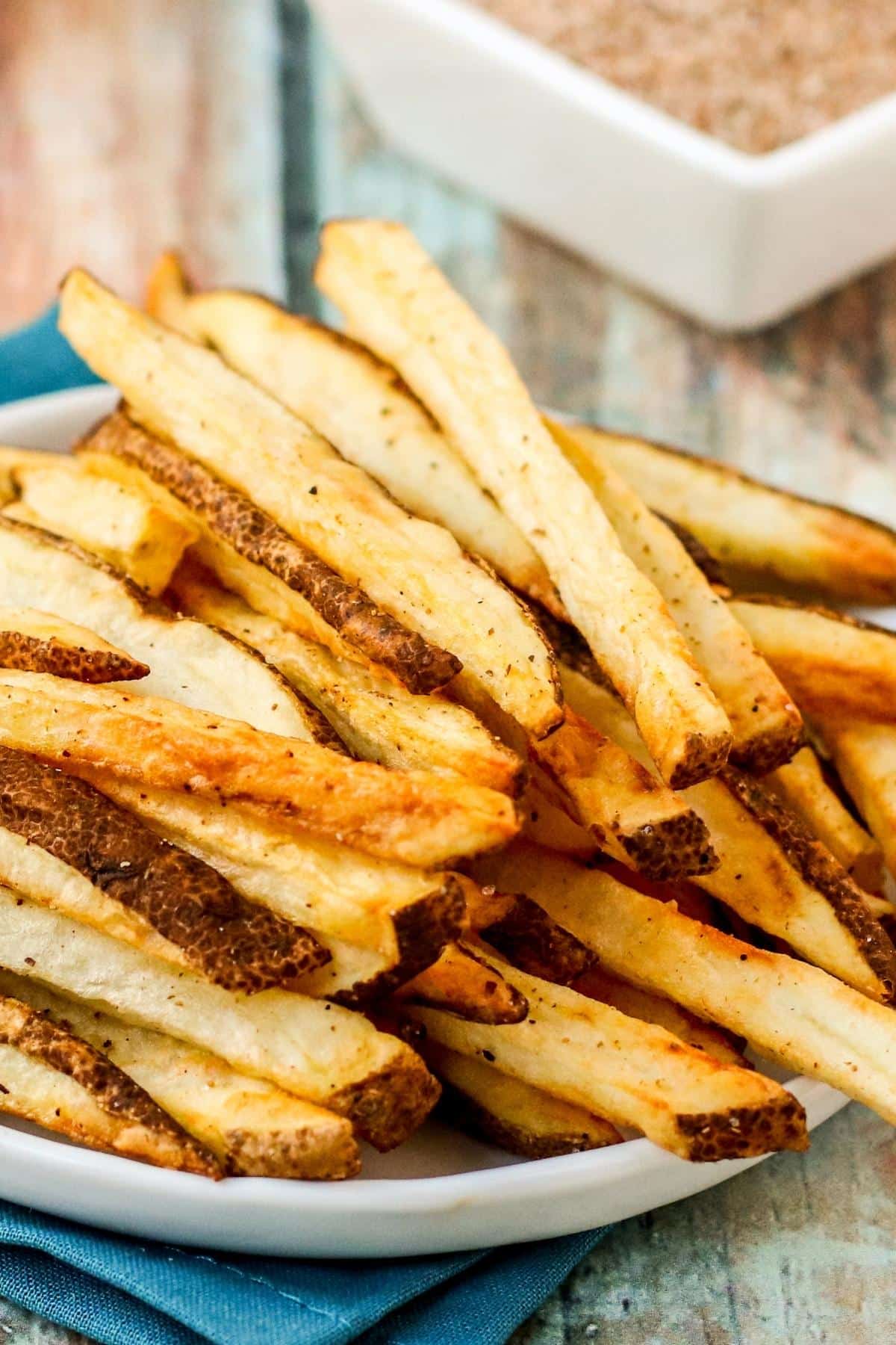 Close up image of side view of plate of french fries with bowl of seasoned salt in the background.