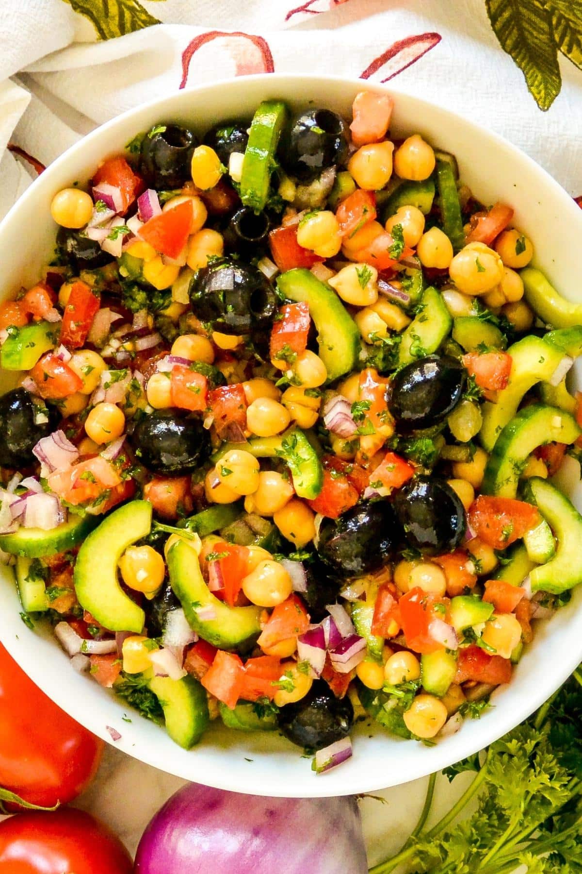 Overhead of bowl of Chickpea Cucumber Salad.
