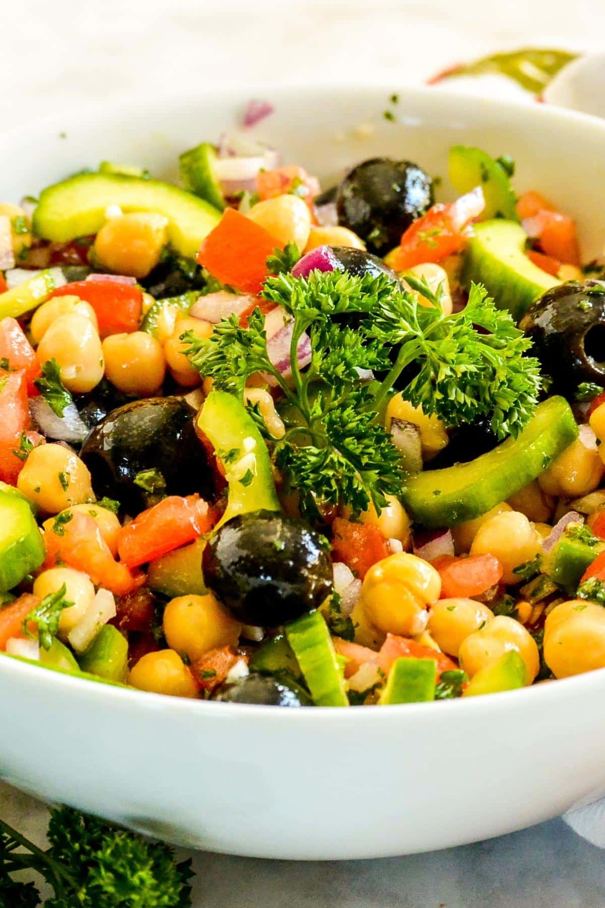 Close up of bowl of salad garnished with sprig of fresh parsley.