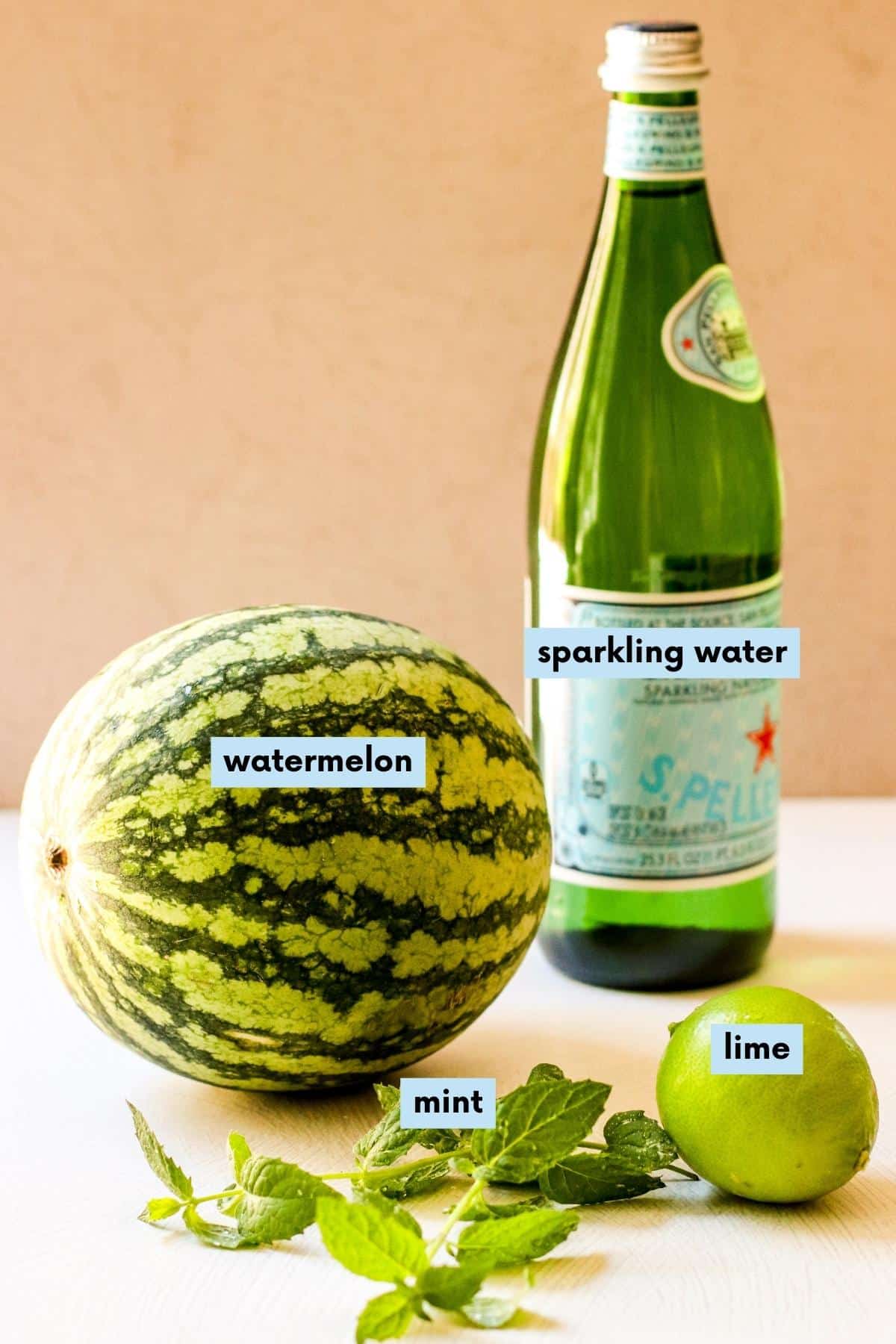 Ingredients needed to make this recipe with labeled text overlay: Watermelon, sparkling water, lime, and mint.