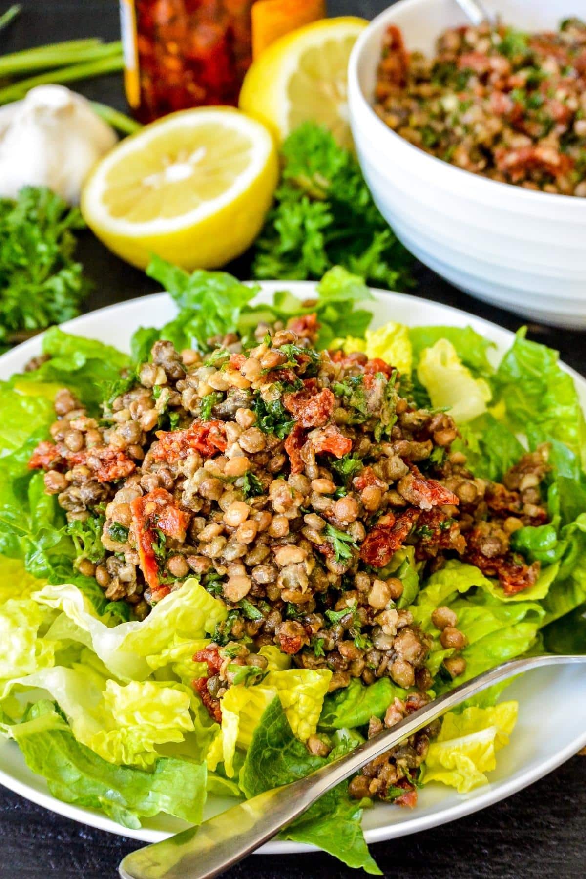 Side view of plate of lettuce topped with lentil sun-dried tomato salad.