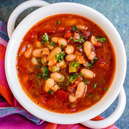 Bowl of Chunky Tomato Soup with Cannellini Beans.