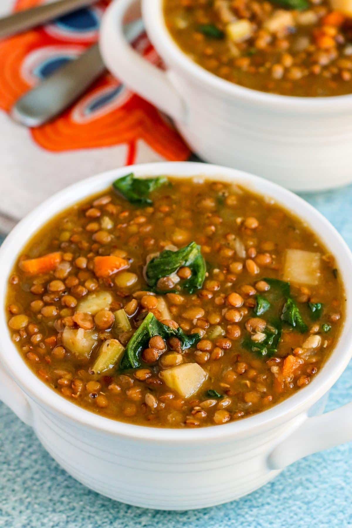 Close up of bowl of lentil soup.