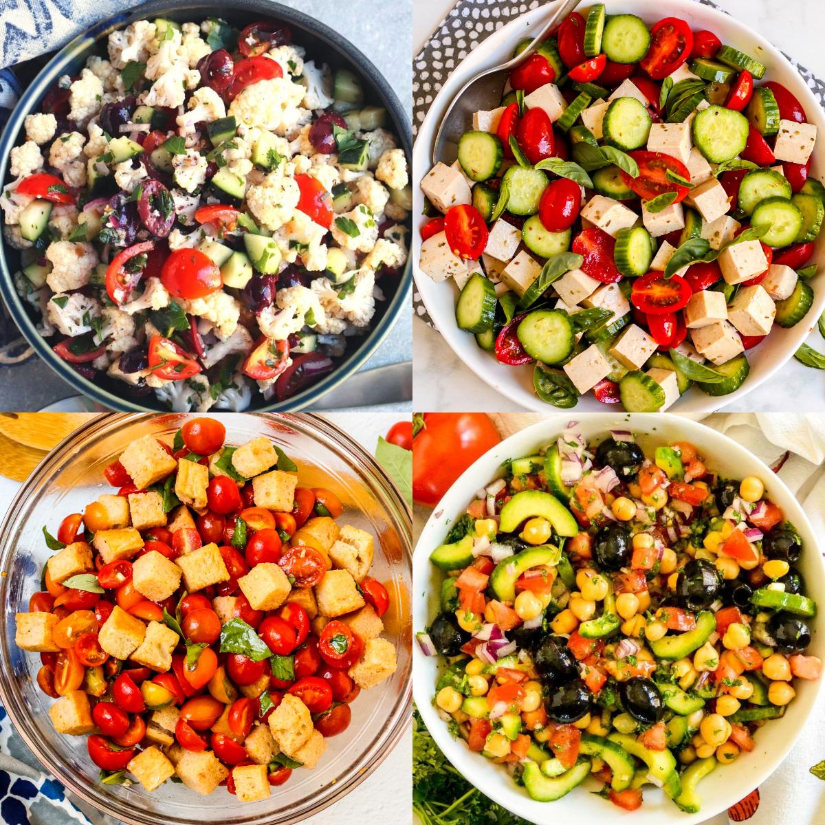 Cauliflower salad, tomato cucumber salad, tomato bread salad, and chickpea cucumber salad.