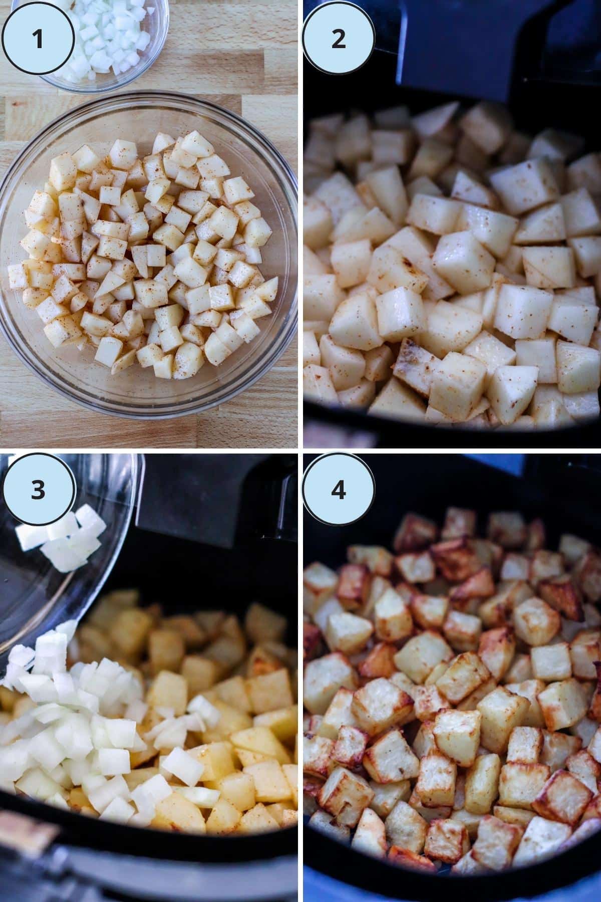 Collage of 4 numbered images showing how to make this recipe: Seasoning the potatoes, air frying the potatoes, adding diced onions, and the finished home fries in the air fryer basket.