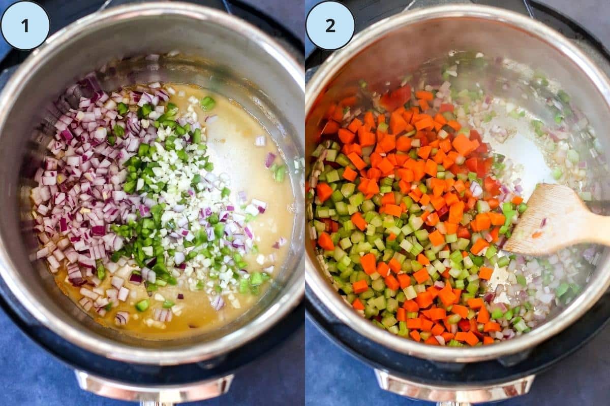Steps 1 and 2 of this recipe: Sauteing the vegetables in an Instant Pot using the Saute function.