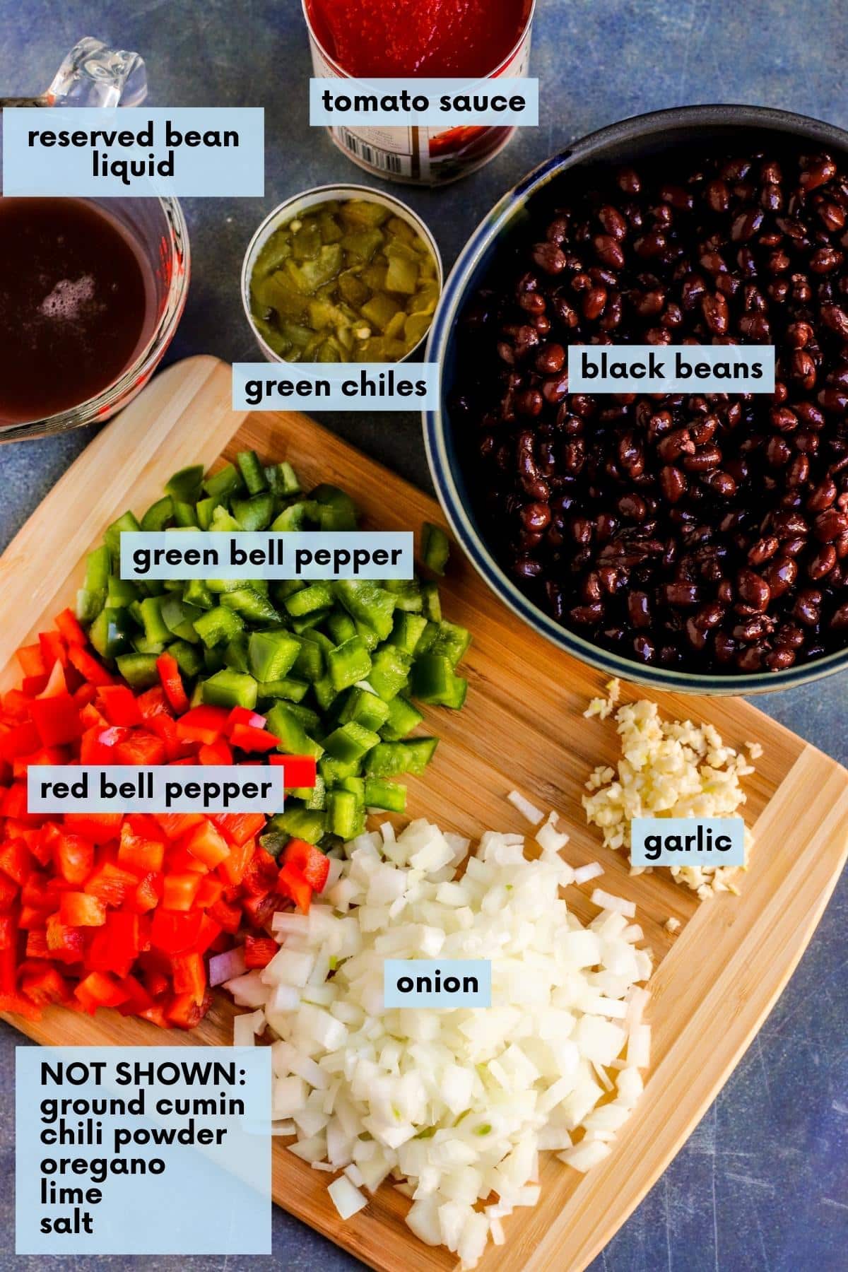 Labeled chili ingredients on a cutting board.