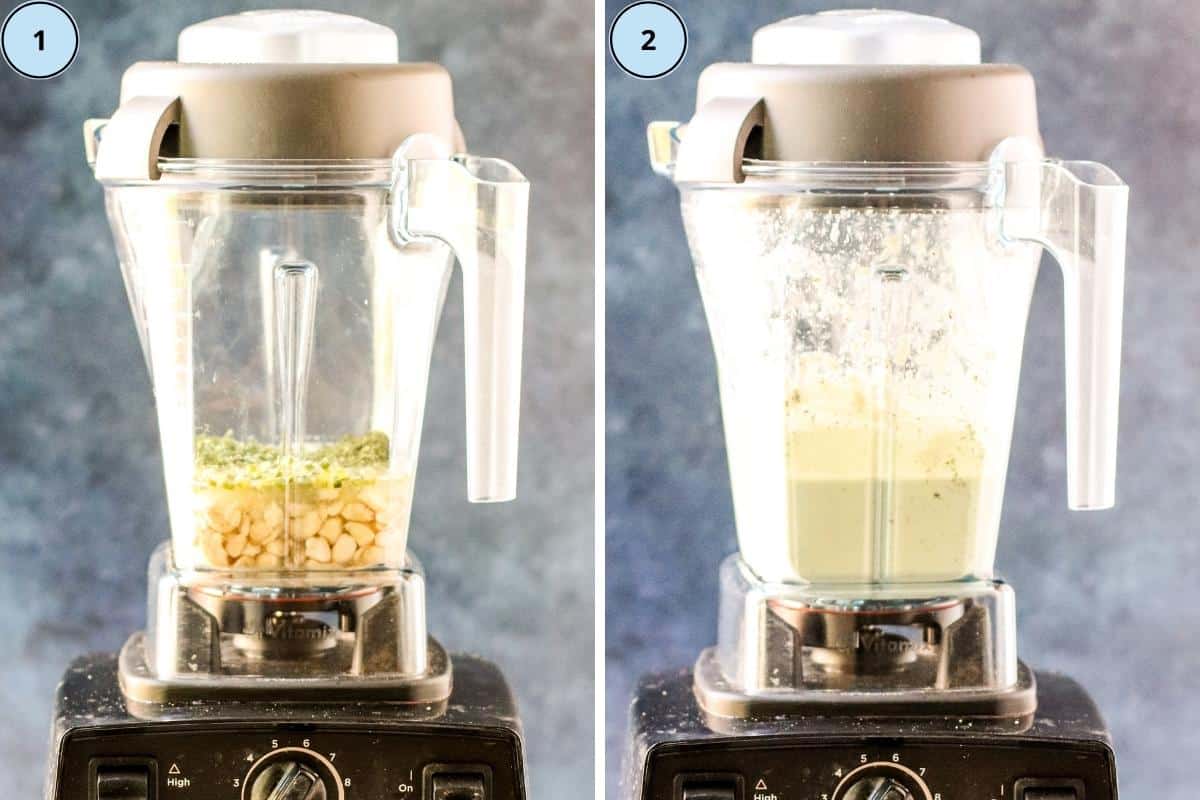 Blender with the ingredients in first image and blended dressing in second image.