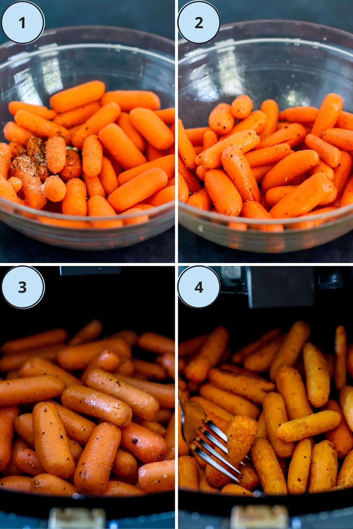 Numbered steps for making this recipe: 1, a mixing bowl with the carrots, olive oil, salt and pepper, 2, the ingredients tossed together, 3, the carrots in an air fryer basket, and 4, the finished carrots.