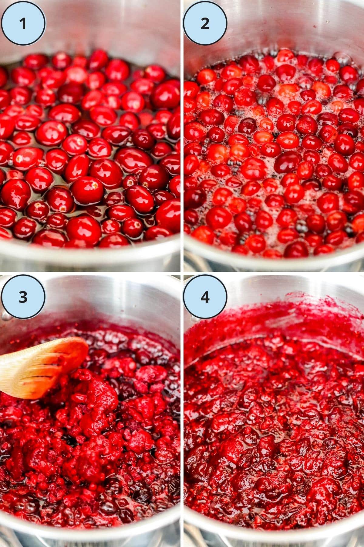 4 steps for making this recipe: A saucepan with cranberries, the sauce at a low boil, stirring in the raspberries, and the finished sauce.