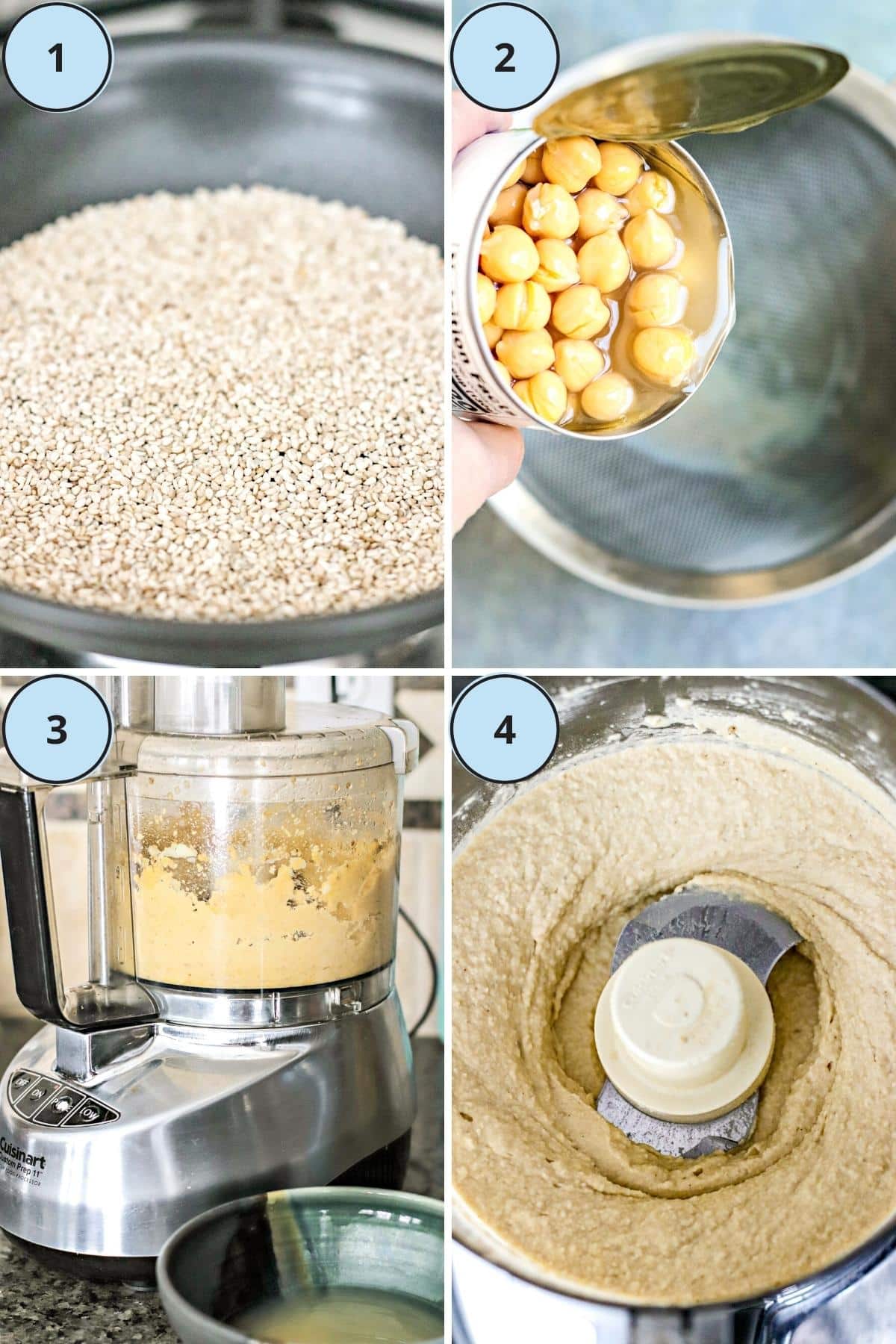 4 steps for making this recipe: 1, toasting sesame seeds in a skillet on the stove, 2, draining a can of chickpeas and reserving the liquid, 3, processing the ingredients in a food processor, and 4, the finished hummus in the bowl of the food processor.