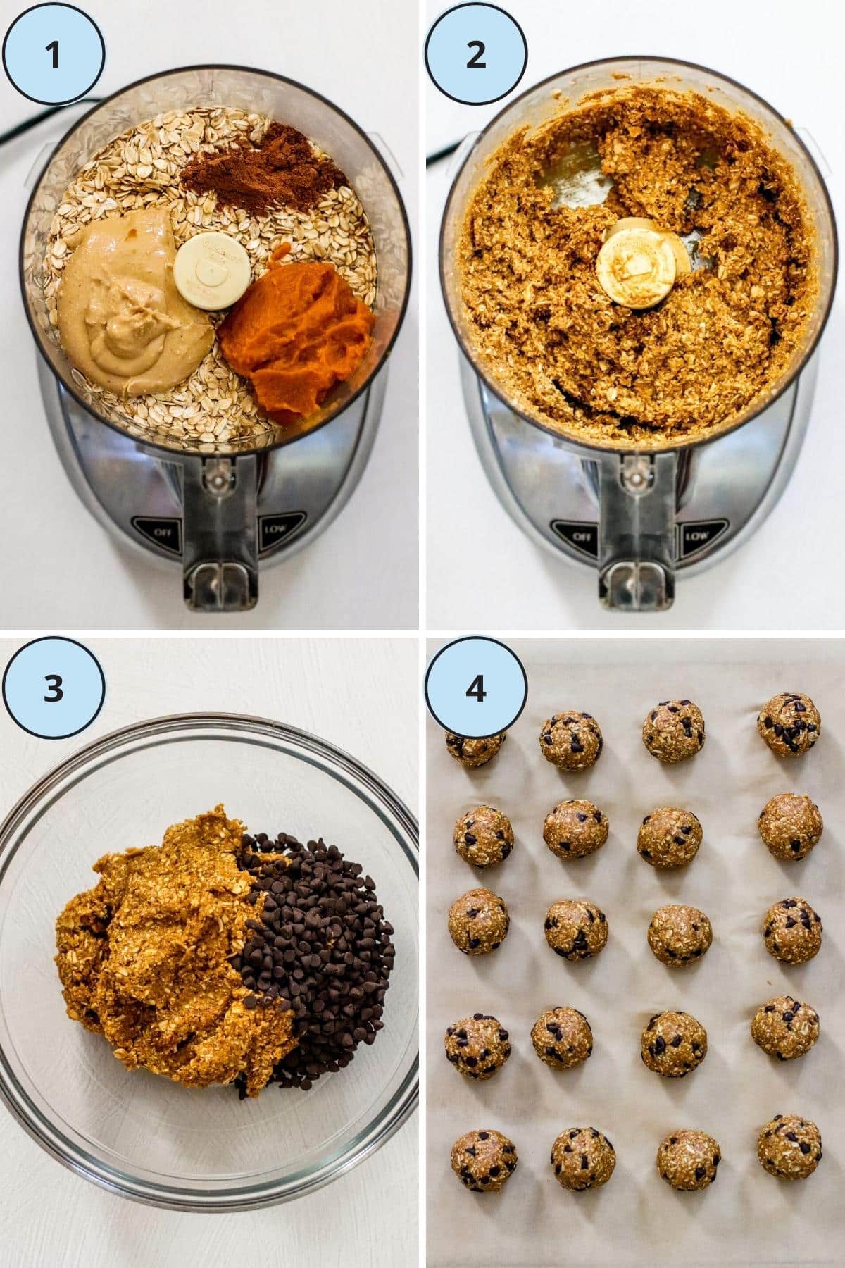 Steps 1 to 4 for making pumpkin balls: 1 The ingredients in a food processor, 2 the combined oat mixture, 3 The mixture in a bowl with the chocolate chips, and 4 The formed balls on a piece of parchment paper.