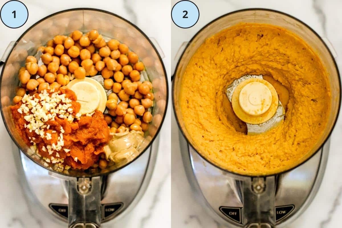 Two steps for making this recipe: Step 1, Add the ingredients to the bowl of a food processor, and step 2, process until completely smooth.