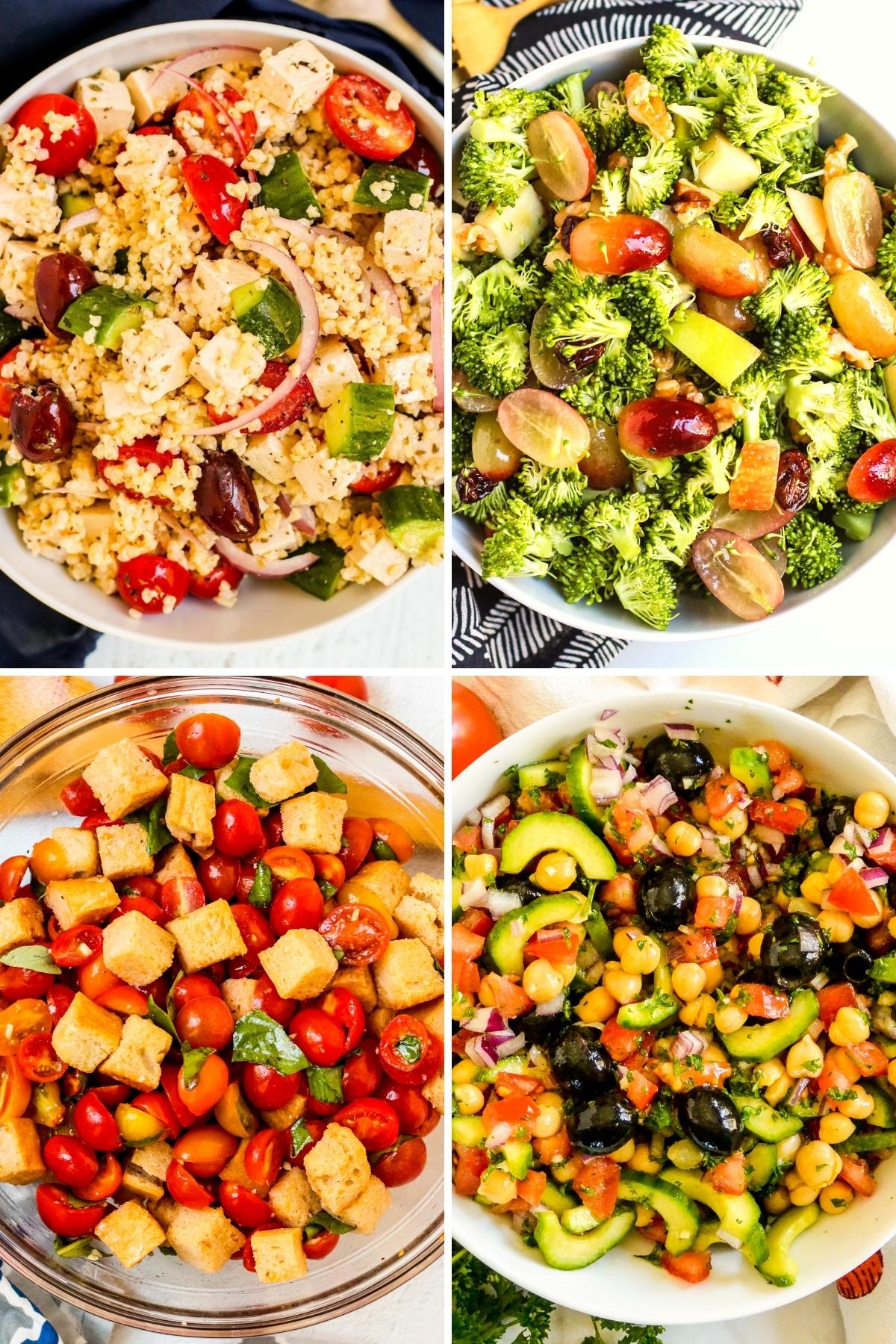 Greek Millet Salad, Broccoli Grape Salad, Panzanella Salad, and Cucumber Chickpea Salad.