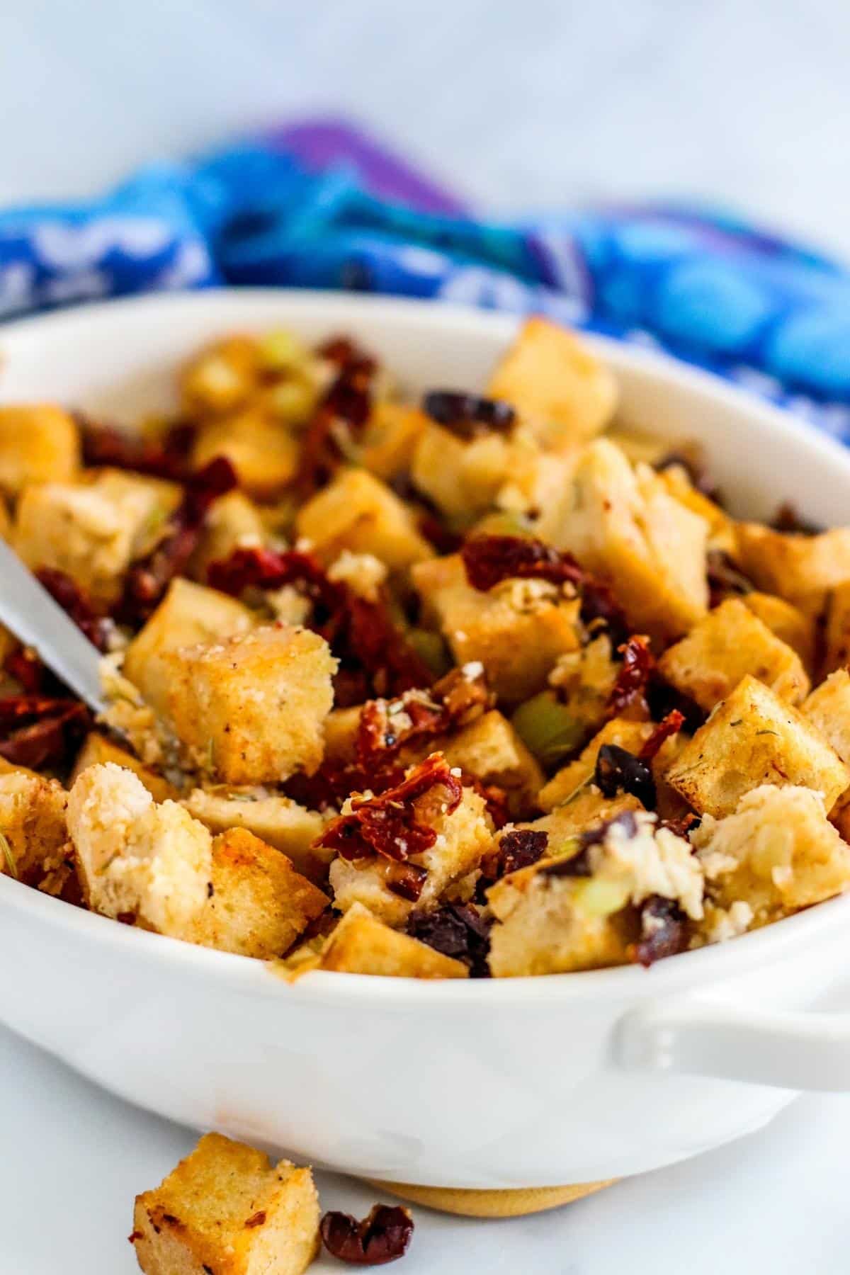 Dish of Mediterranean Sourdough Stuffing.