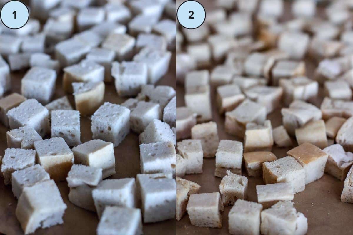 Steps 1 and 2: Drying out the cubes of bread in the oven.