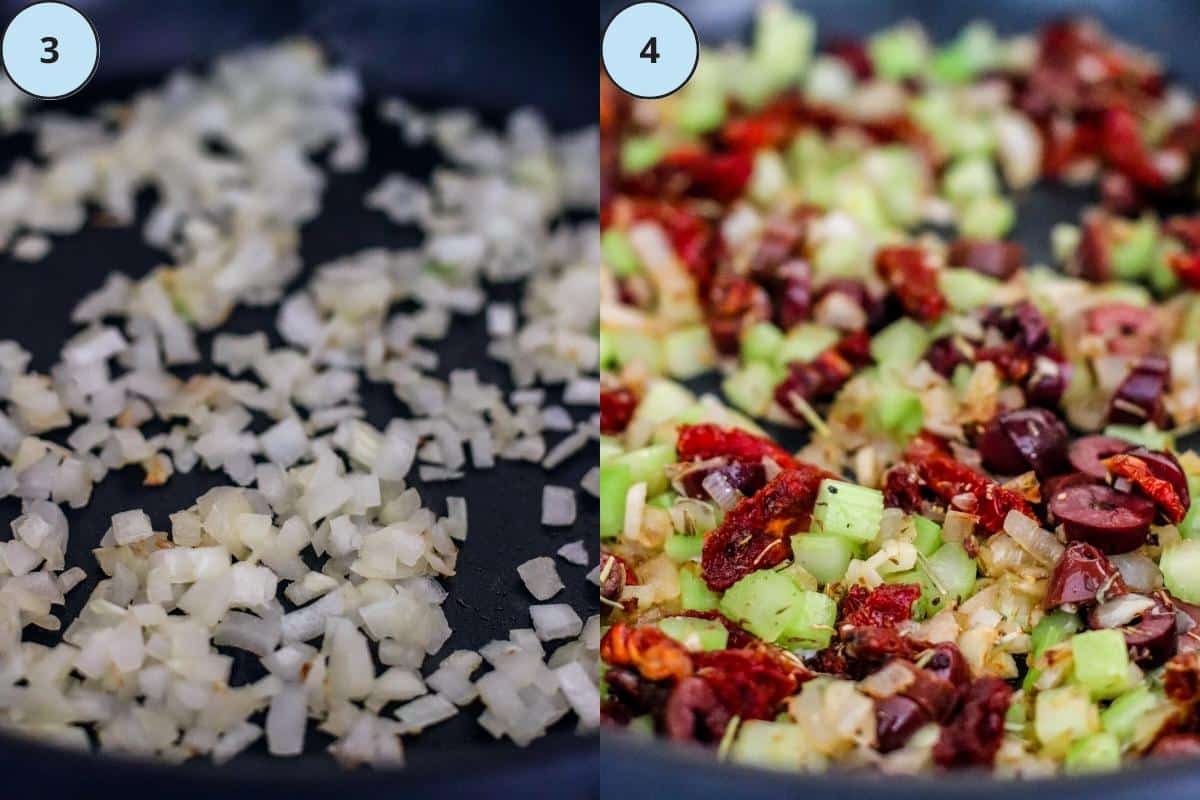 Steps 3 and 4: Sauteing the onions and the rest of the vegetables in a skillet.