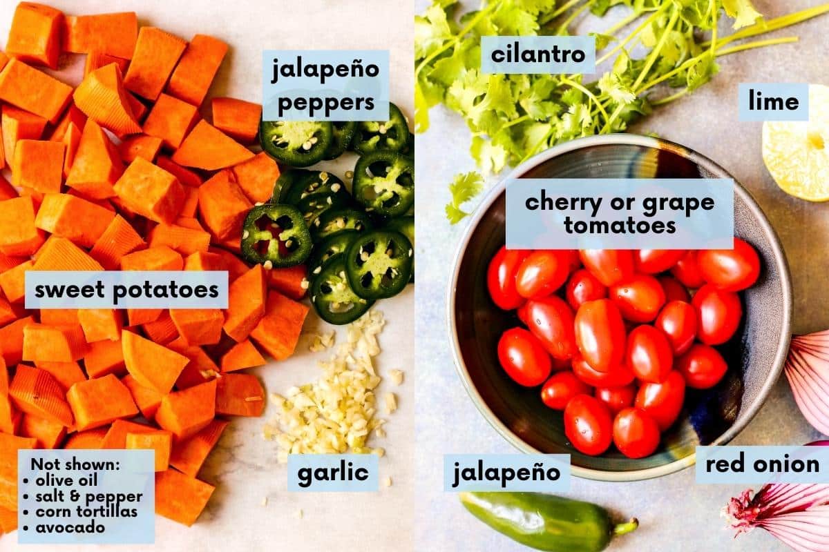 Cubes of sweet potatoes, sliced jalapeño pepper, minced garlic, bowl of grape tomatoes, fresh cilantro, whole jalapeño pepper, cut lime, and halved red onion.