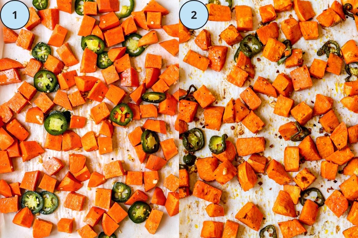 Steps 1 and 2 for making this recipe: 1, sweet potato cubes, jalapeño pepper slices, and minced garlic on a baking sheet, and 2, the finished roasted vegetables.