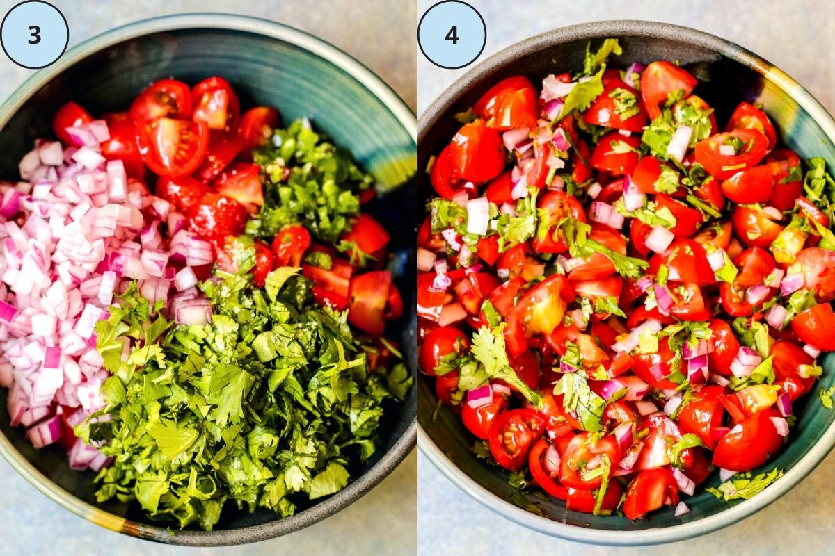 Steps 3 and 4: 3. quartered tomatoes, diced onion, minced jalapeño, and chopped cilantro in a mixing bowl, and 4, the finished pico de gallo.