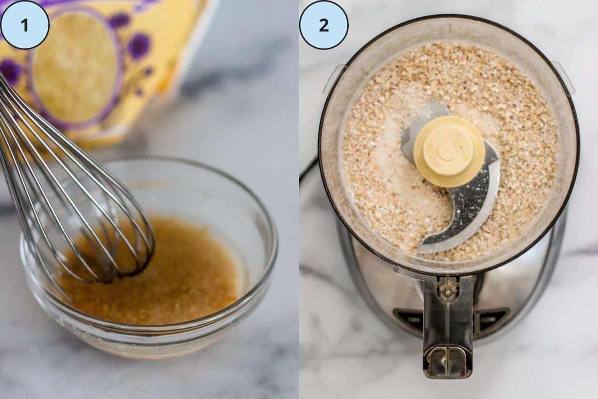 Steps 1 and 2: Whisking water and ground flax seeds, and oats in a food processor.