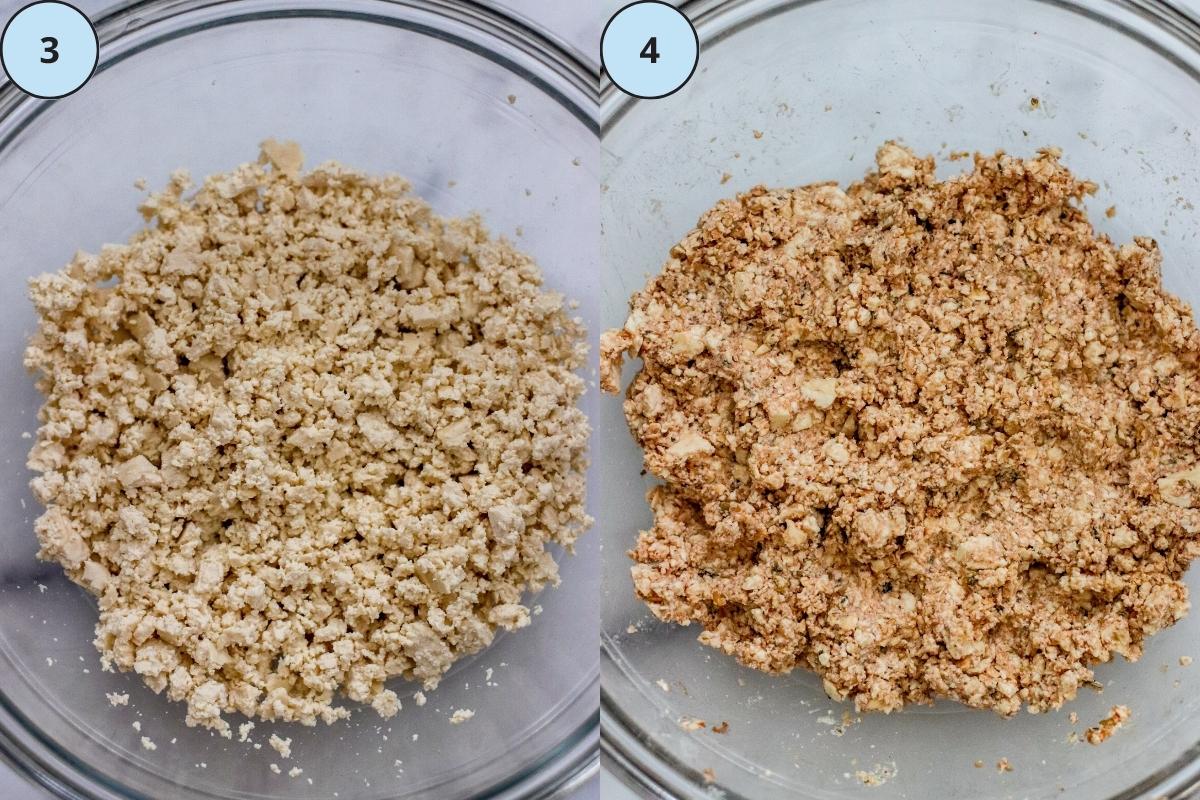 Steps 3 and 4: Mixing bowl with crumbled tofu and mixing bowl with all of the ingredients mixed together.