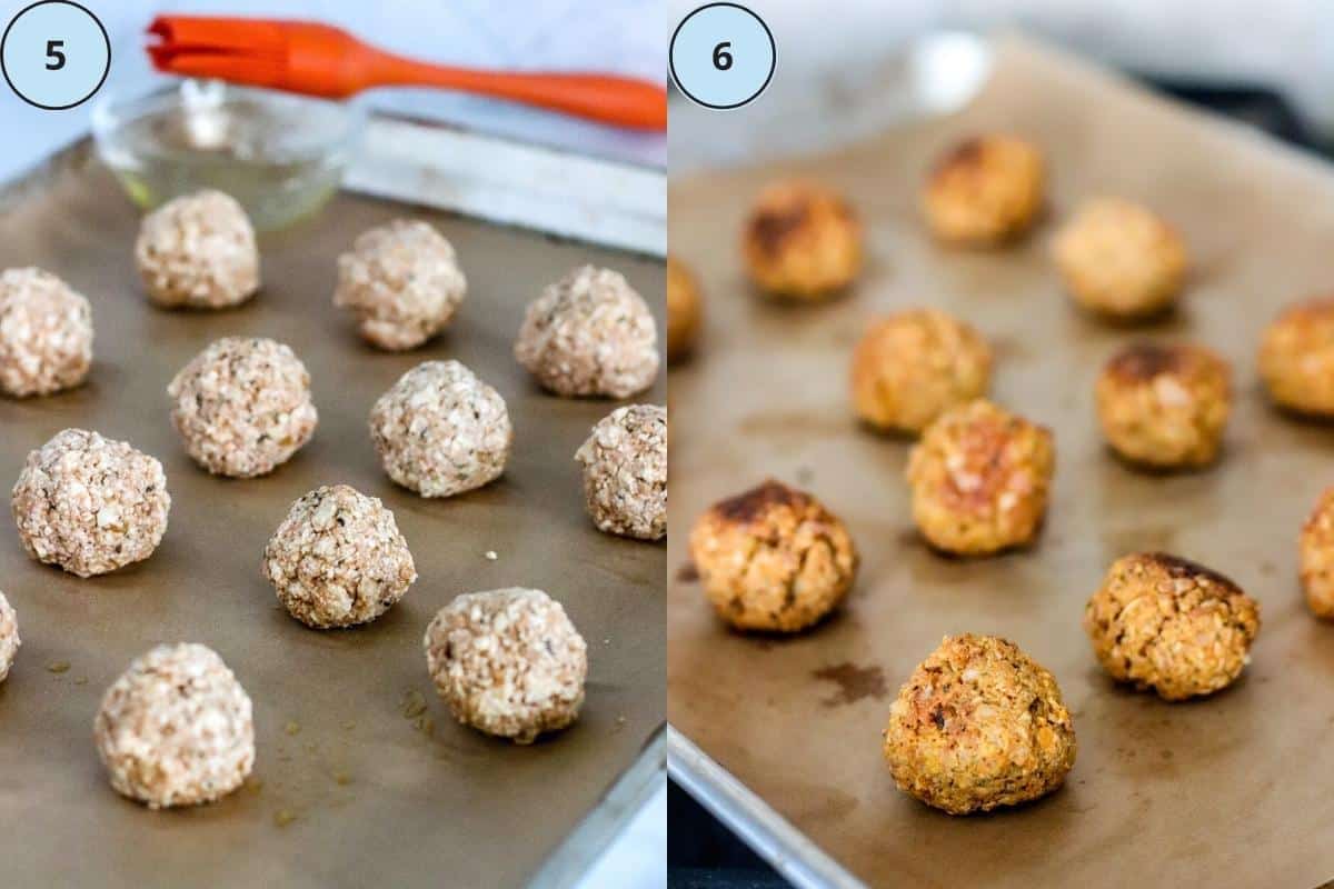 Steps 4 and 5: The tofu mixture rolled into balls on a baking sheet, and the baked meatballs.