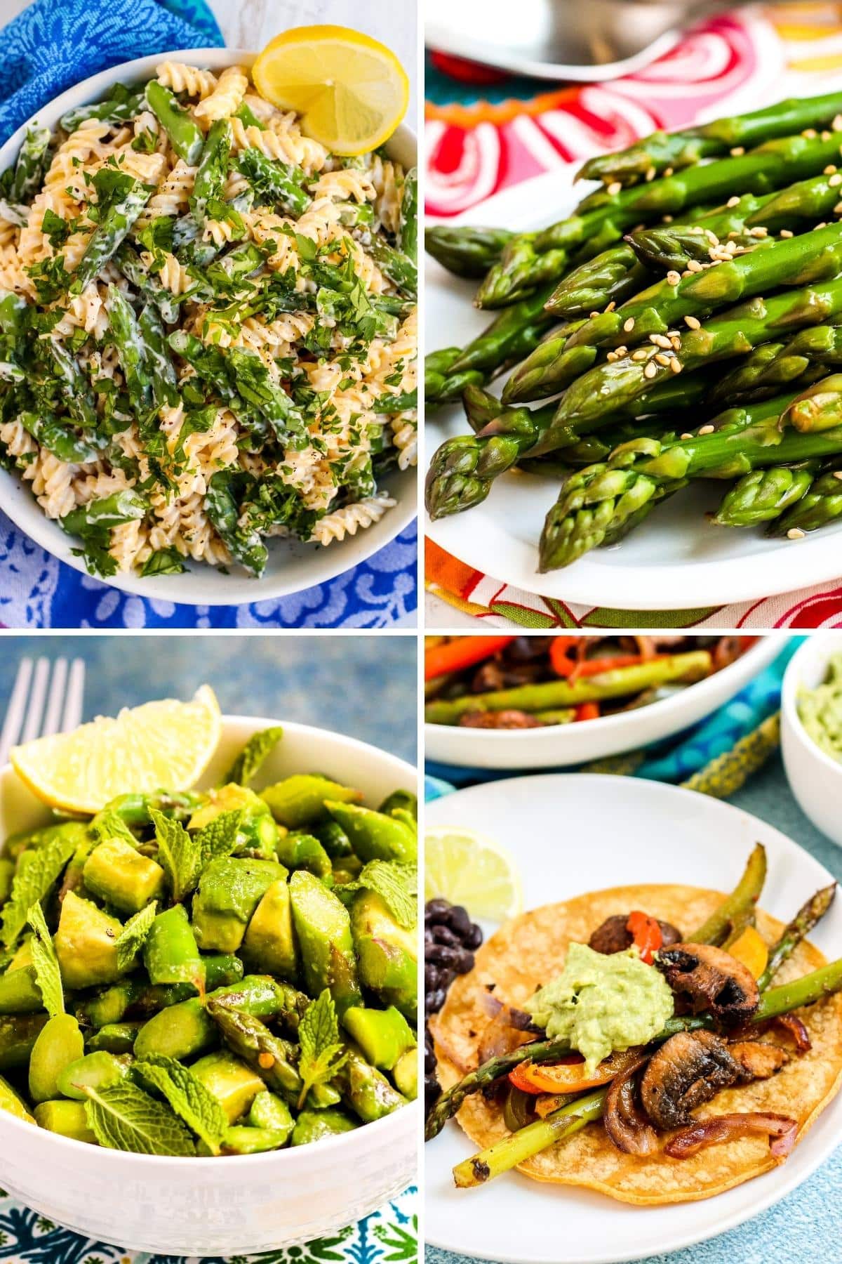 Creamy pasta with asparagus, asparagus topped with sesame seeds, asparagus and avocado salad, and tortilla with roasted vegetables and dollop of guacamole.