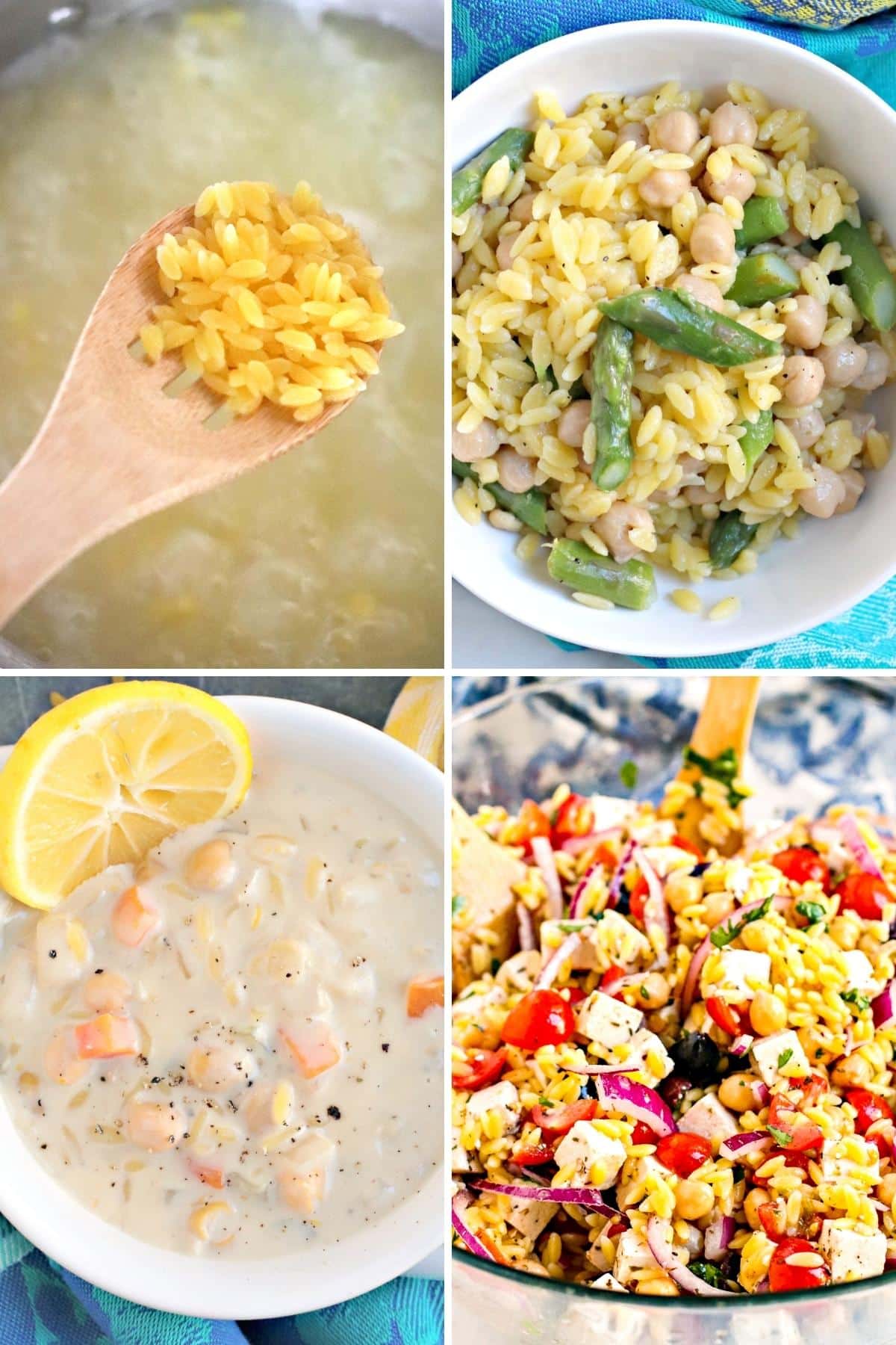 Cooking orzo, a bowl of orzo with chickpeas and asparagus, orzo soup, and orzo salad.