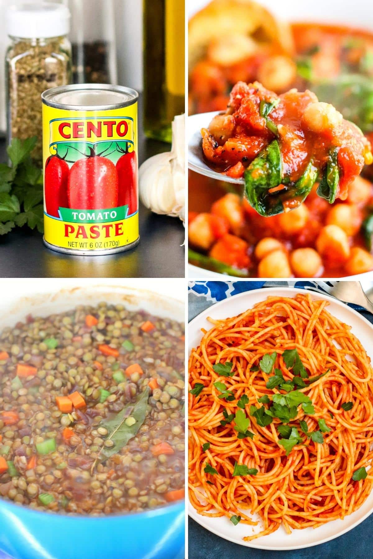 A can of tomato paste, a spoon in a bowl of Spanish Chickpea Stew, a pot of lentil soup, and a plate of spaghetti with red sauce.