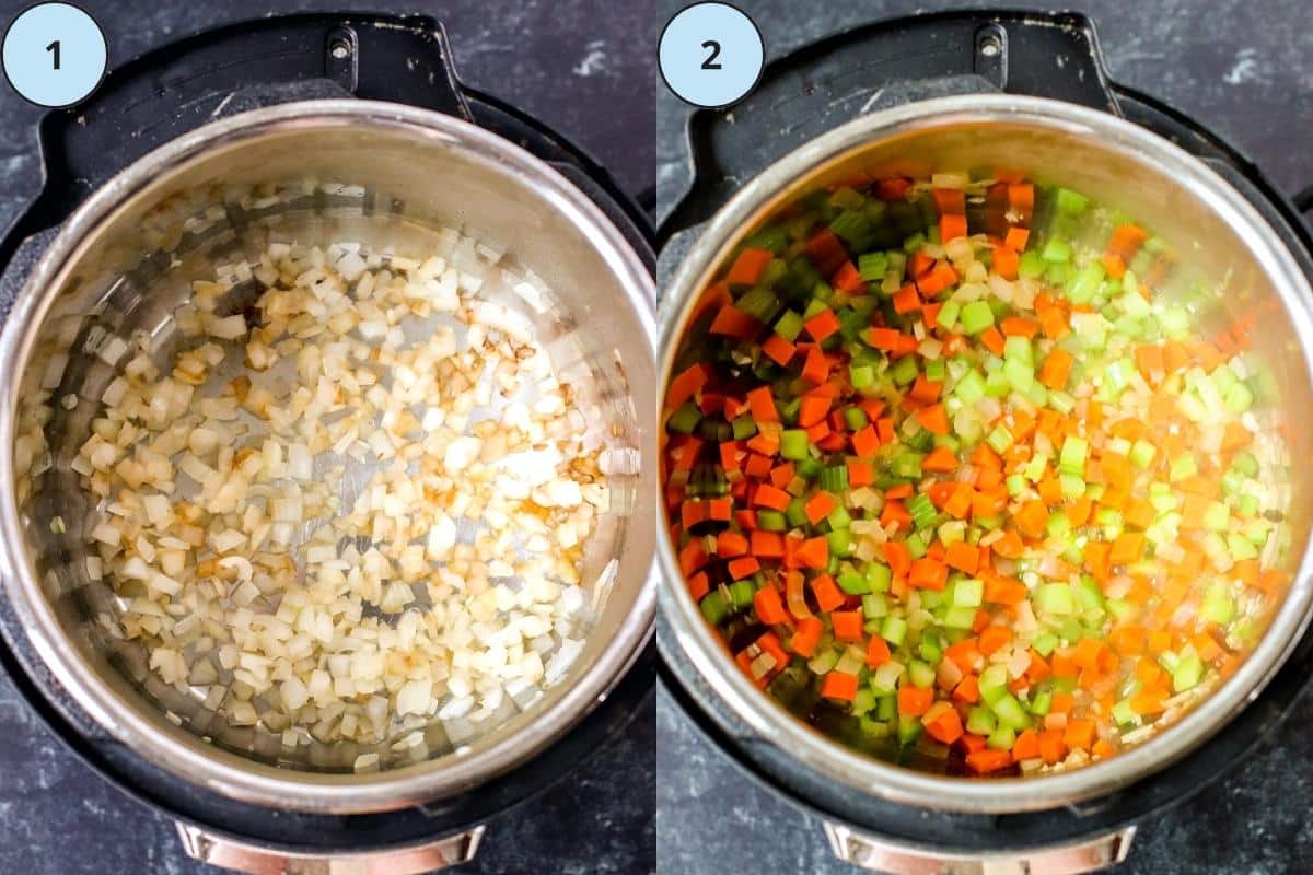 Steps one and two: Sauteing onions and sauteing garlic, carrots, and celery.