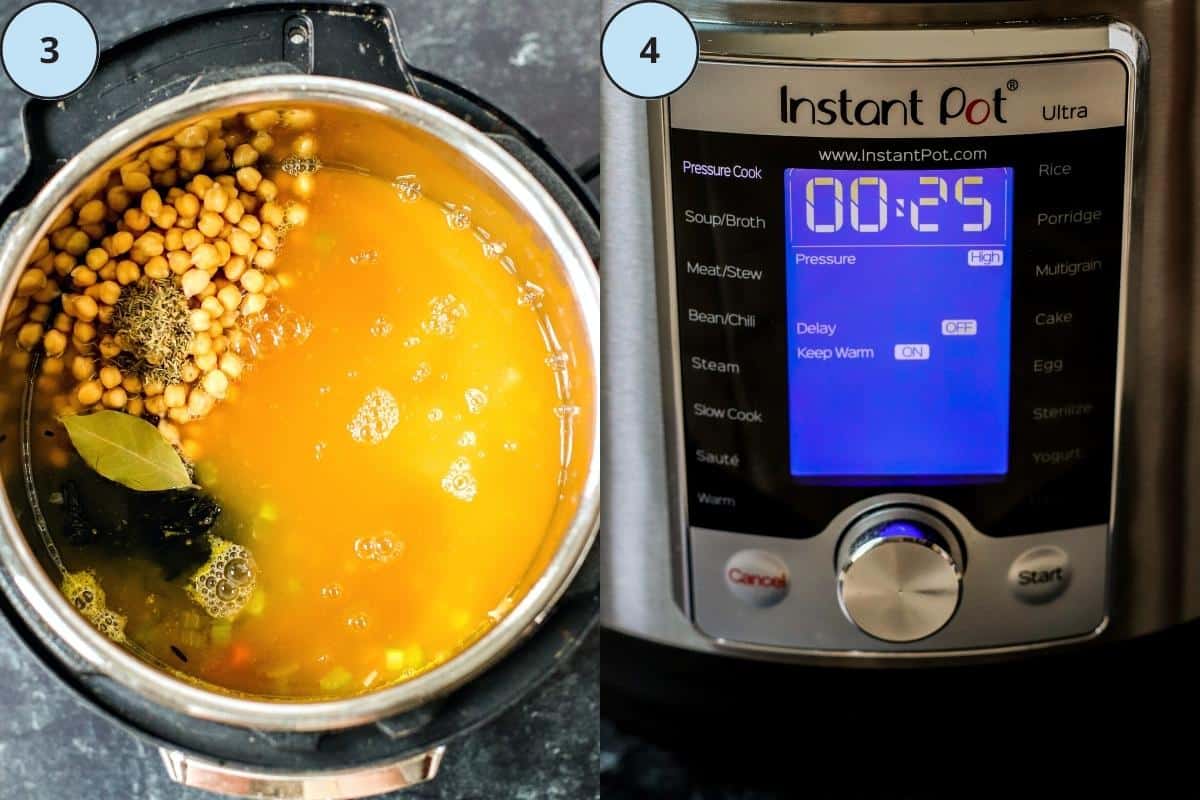 Steps three and four: chickpeas, wild rice, seasonings, and vegetable broth added to the Instant Pot and setting the timer on the pressure cook function.