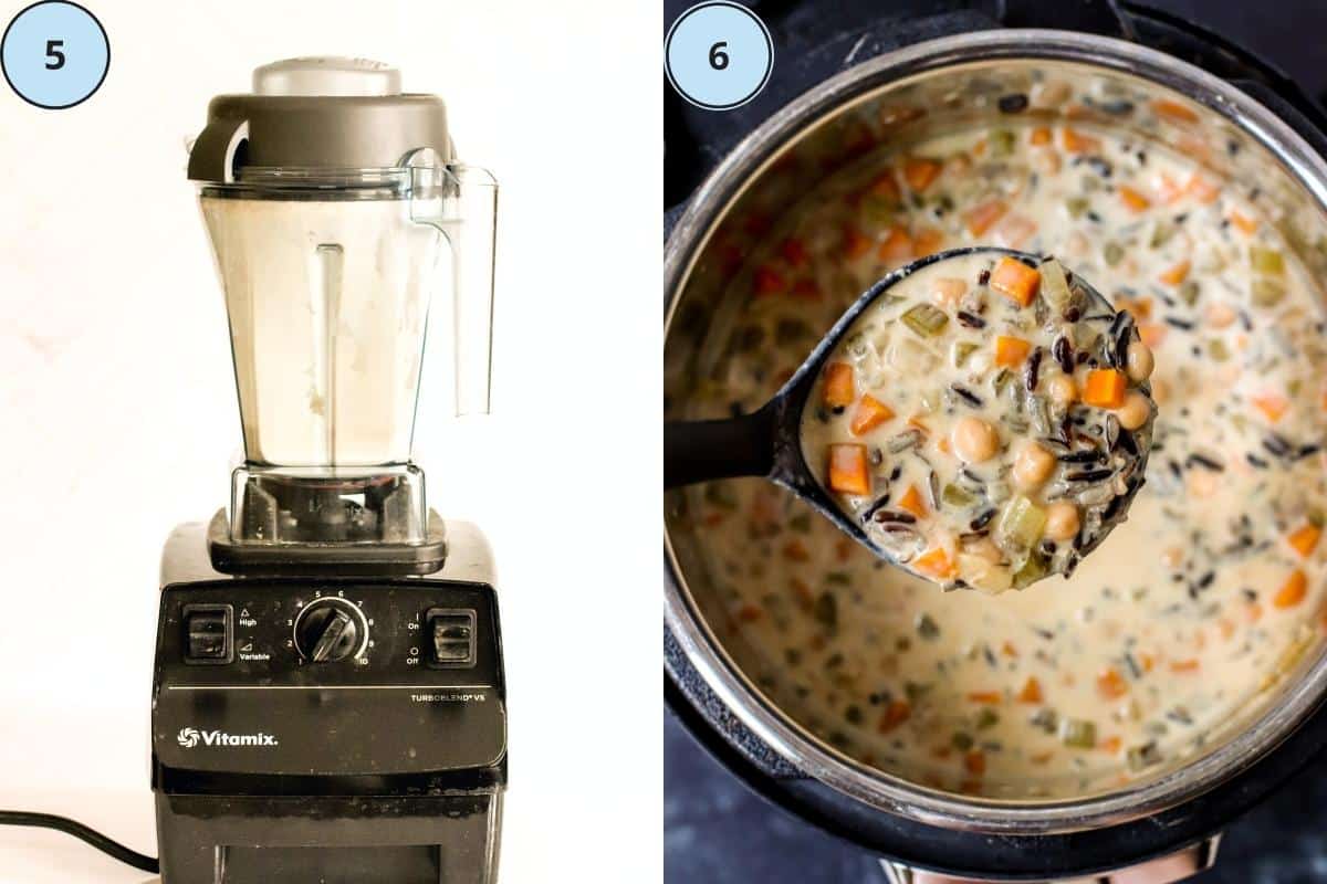 Steps five and six: Blending the cashew cream in a blender and the finished soup with the cream stirred in.