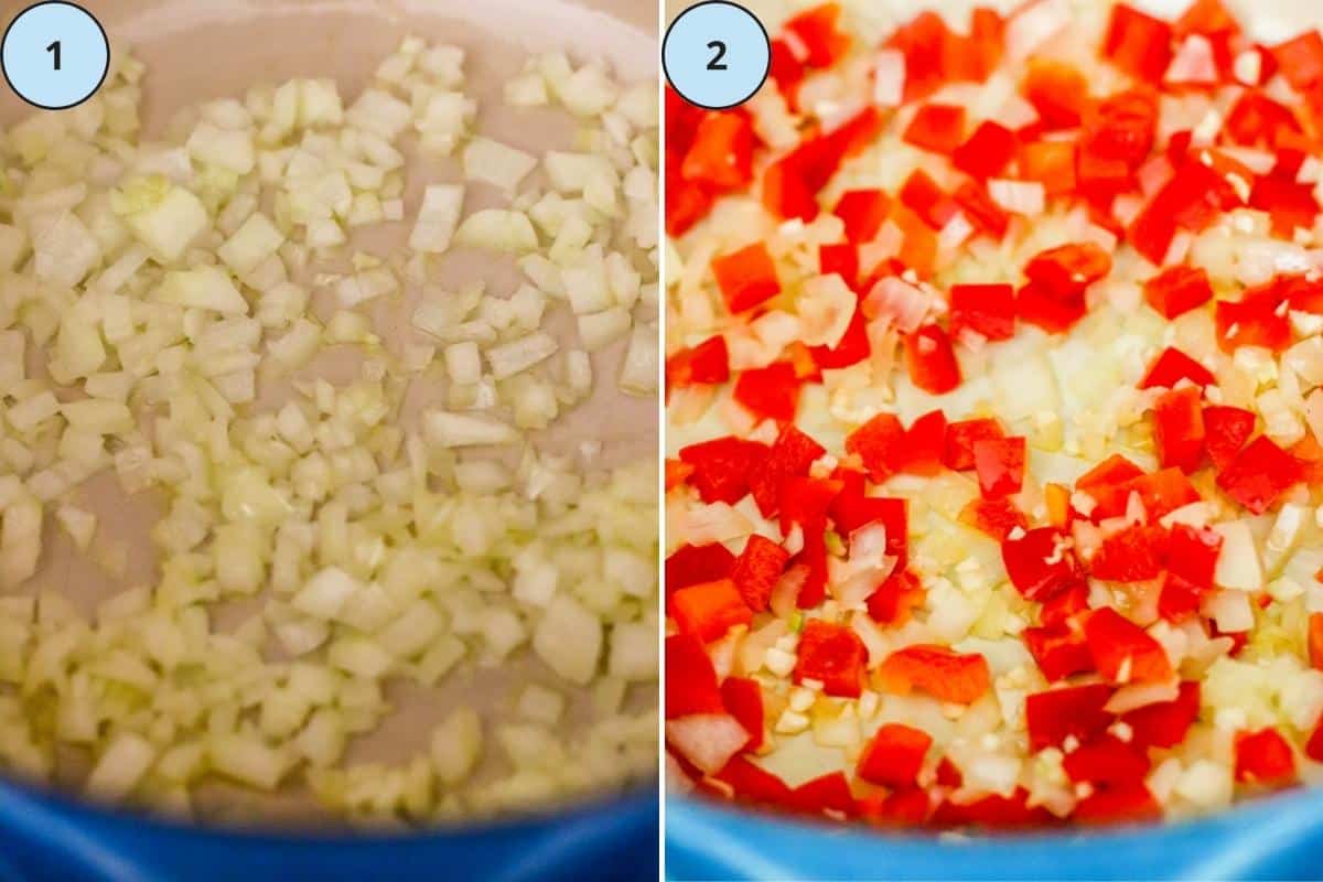 Step 1, sauteing onion in a pot, and step 2, sauteing red bell peppers and garlic with the onion.