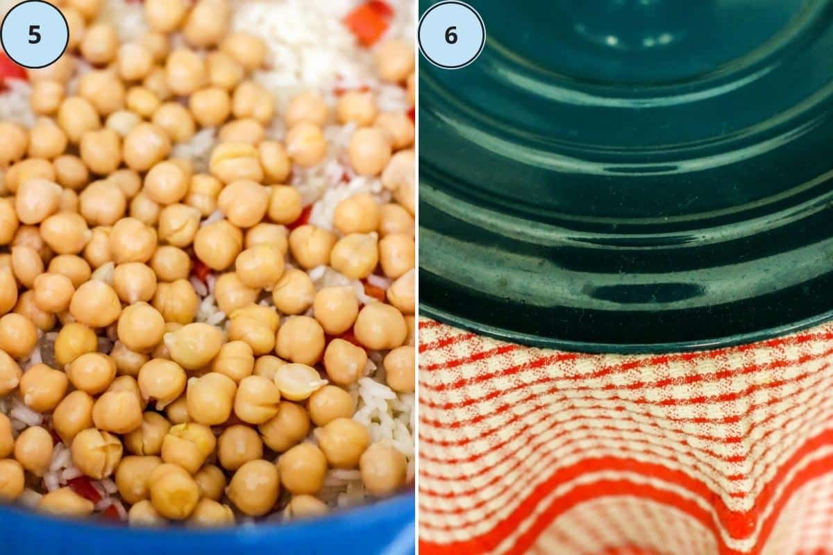 Step 5, chickpeas added on top of the pot of cooked rice, and step 6, a dish towel and lid on the pot.