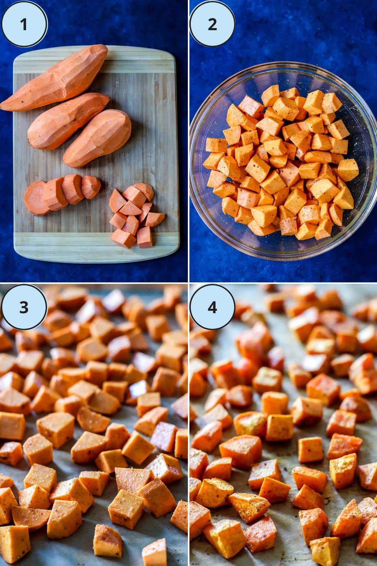 Step 1, dicing the peeled sweet potatoes, step 2, a bowl of sweet potato cubes tossed with olive oil and seasonings, step 3, the sweet potatoes spread out on a baking sheet, and step 4, the finished potatoes.